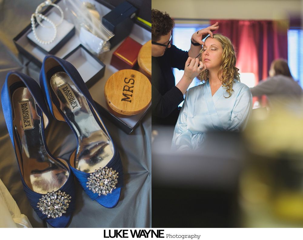 Wedding prep: blue shoes with embellishments, jewelry, and bride having makeup done.