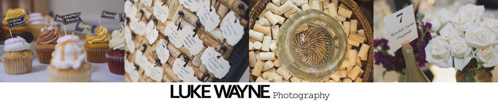 Assortment of desserts and floral arrangements. Includes cupcakes, cookies, wine corks, and white roses.