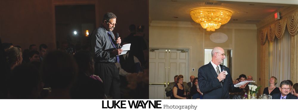 Two men giving speeches at a wedding reception. One is in a dimly lit room, the other under a large chandelier.