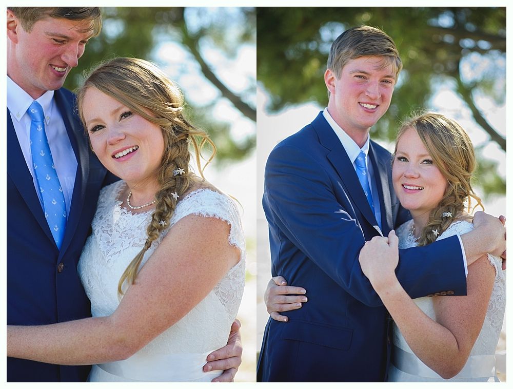 Two photos: smiling couple, man in blue suit, woman in white dress, embracing. Outdoors.