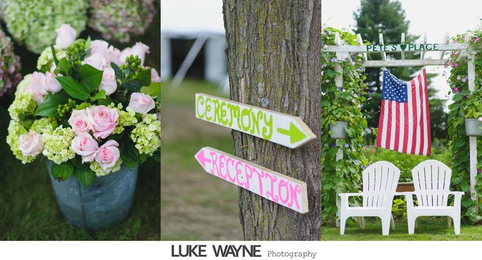 Floral arrangement and signs for ceremony and reception with chairs and American flag in background.