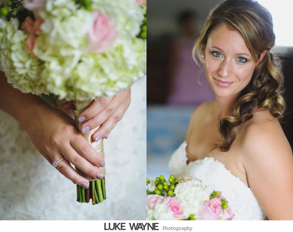 Bride holding a bouquet, with light skin, and a side-swept hairstyle; a wedding dress.