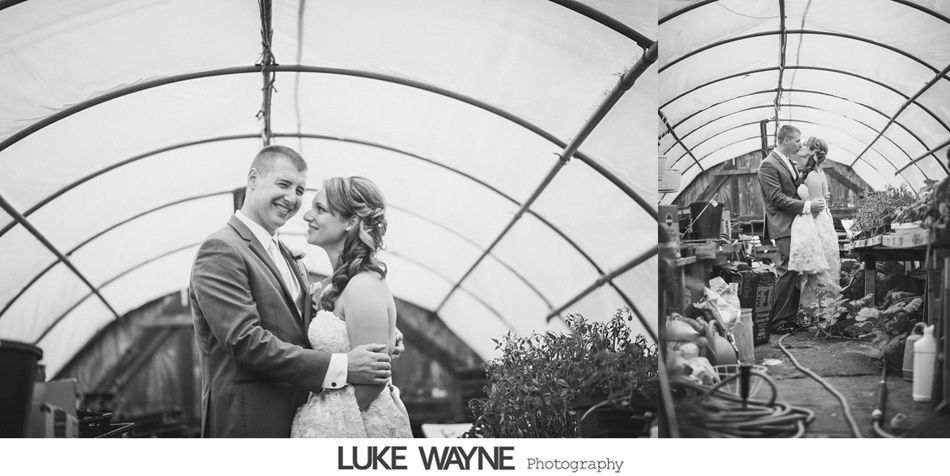 Bride and groom embrace and kiss in a greenhouse, smiling at each other. Black and white.
