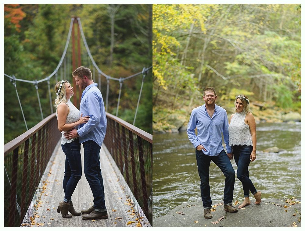 Couple on a bridge and by a river, wearing jeans and blue shirt, embracing, autumn foliage.