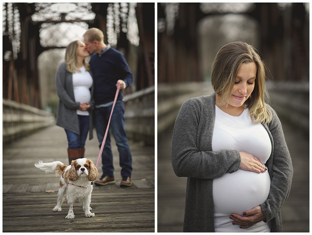 Pregnant woman and partner kiss on bridge, dog at their feet. Woman alone, holding belly.