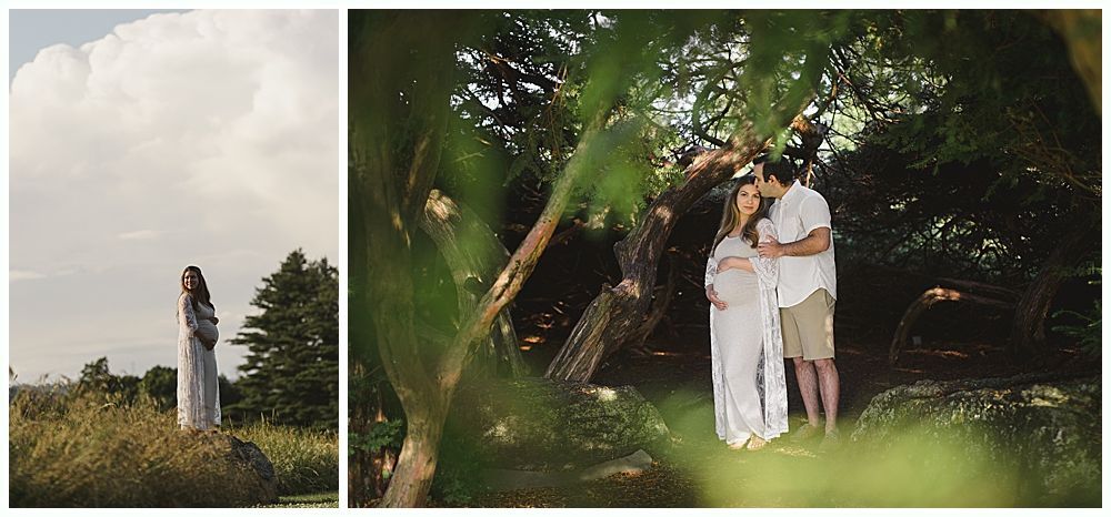 Pregnant woman and partner under trees. Woman stands alone in field in first frame.