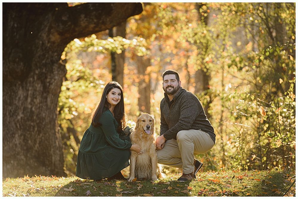Couple with golden retriever dog in park, woman in green dress, man in gray sweater, autumn foliage.