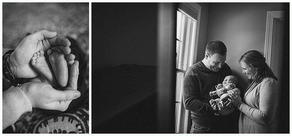 Black and white photo: baby feet held in hands, then parents holding baby in front of a window.