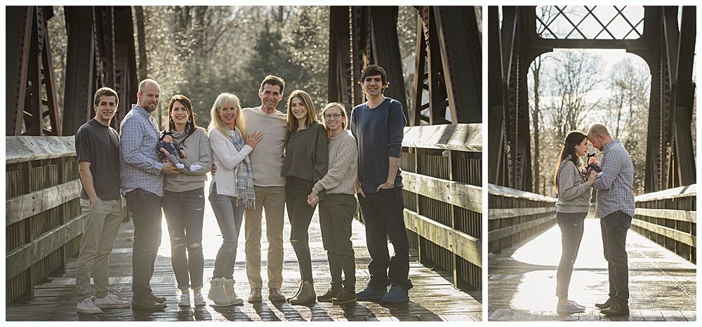 Family portrait on a bridge with a couple kissing on the right.