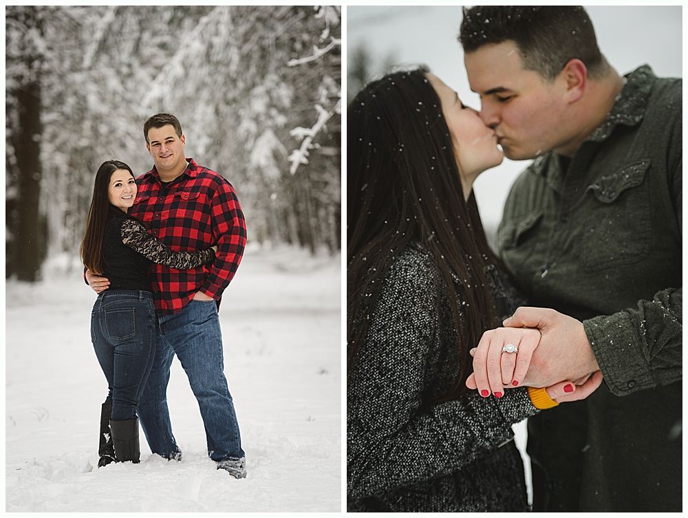 Couple in winter setting; one poses, the other kisses, showcasing a ring in the snow.