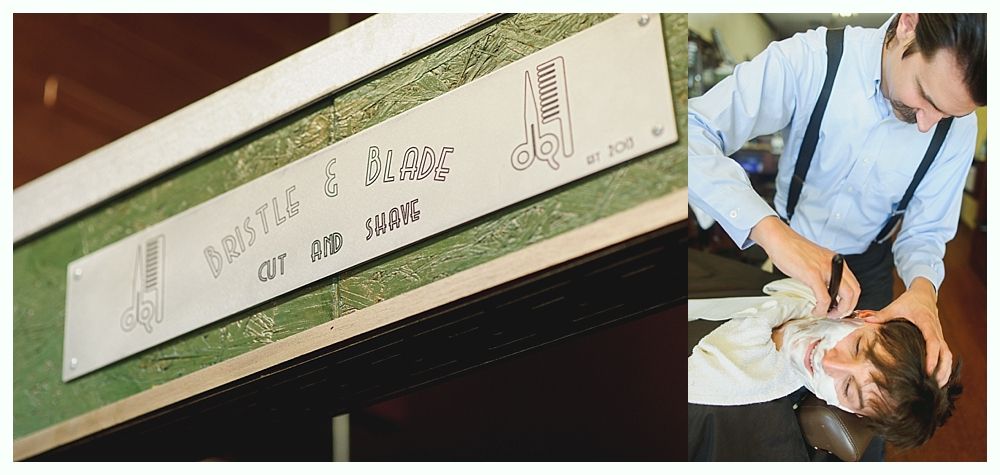 Barber shop scene: a barber shaves a client with a straight razor. A sign reads, 