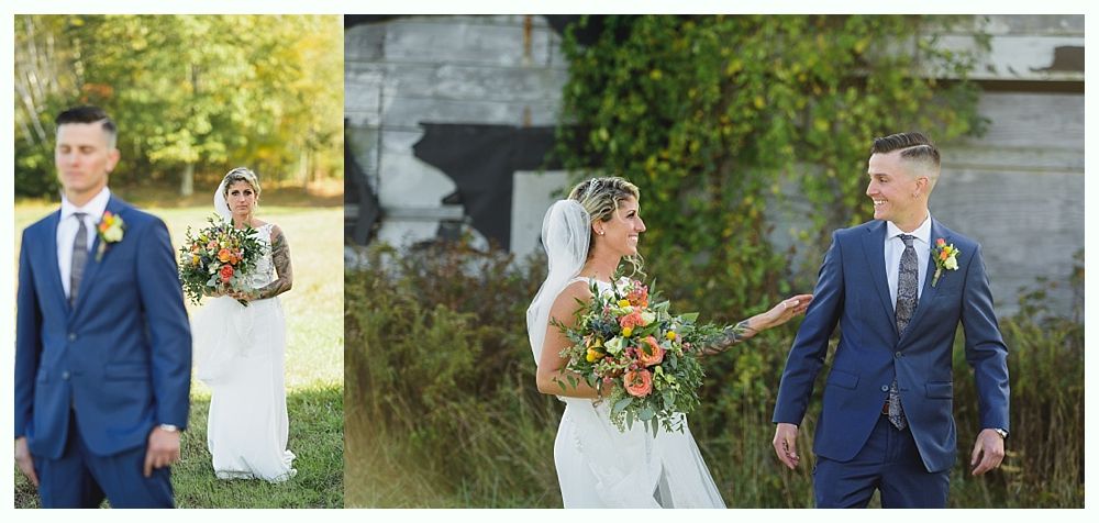 Wedding photo collage: Bride approaches groom in blue suit outdoors.