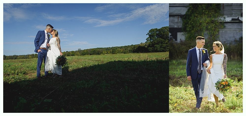 Bride and groom kissing in a field, then walking in front of a building. Sunny day.