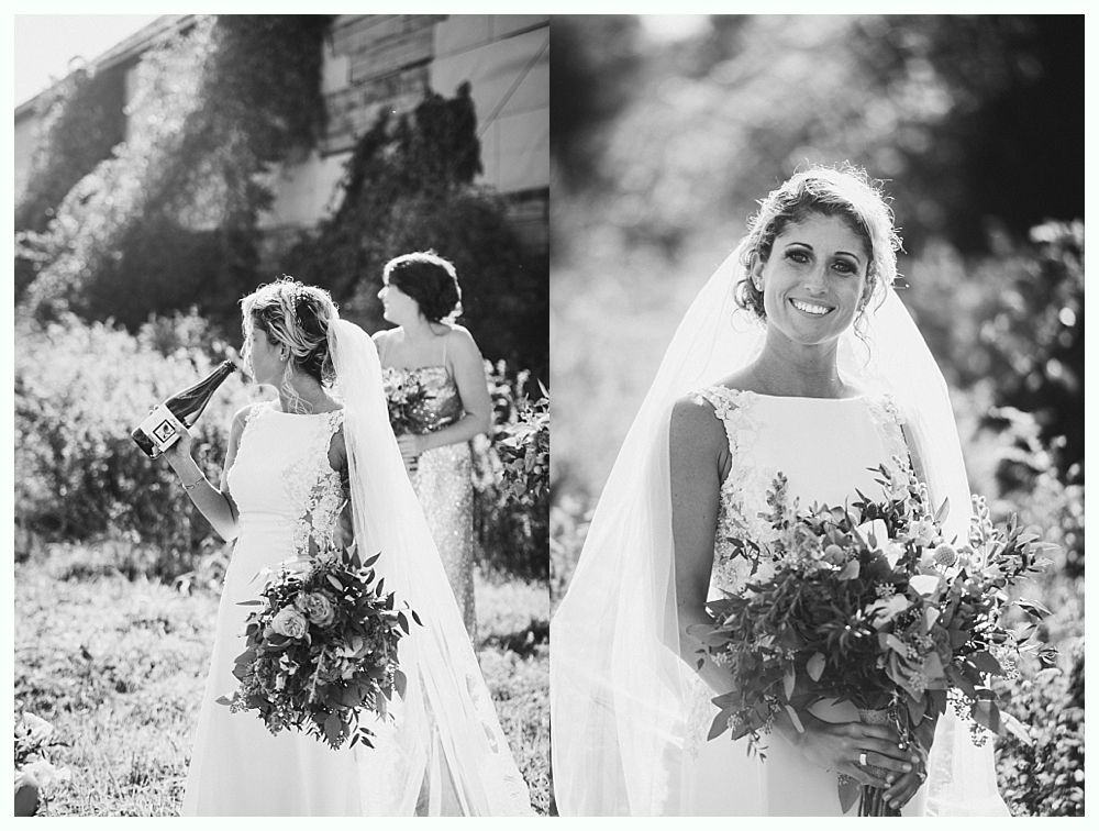 Bride in a white dress, veil, and bouquet, holding champagne bottle. Second photo of bride smiling. Outdoor setting.
