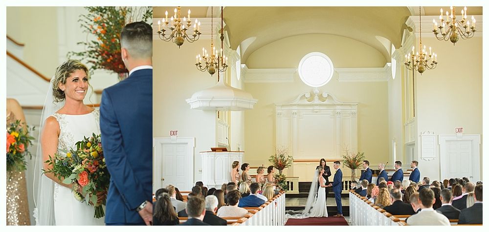 Bride and groom at altar during wedding ceremony; guests seated in pews.