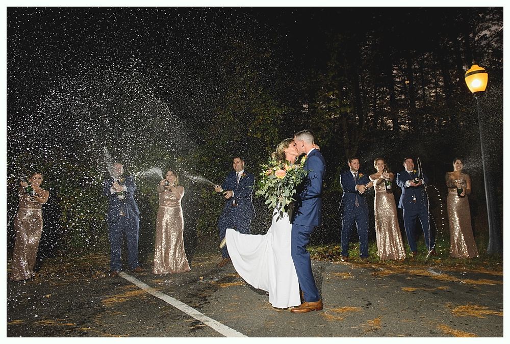 Wedding party celebrating with confetti, couple kissing. Nighttime, trees and road in the background.