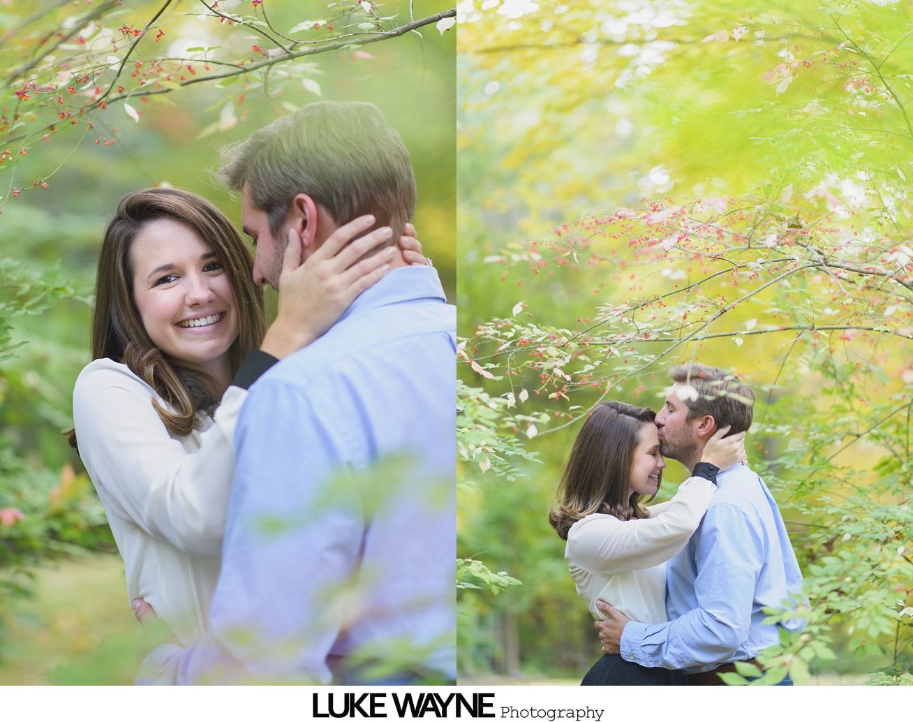 Man jumping, holding hands with woman walking on path; park setting.