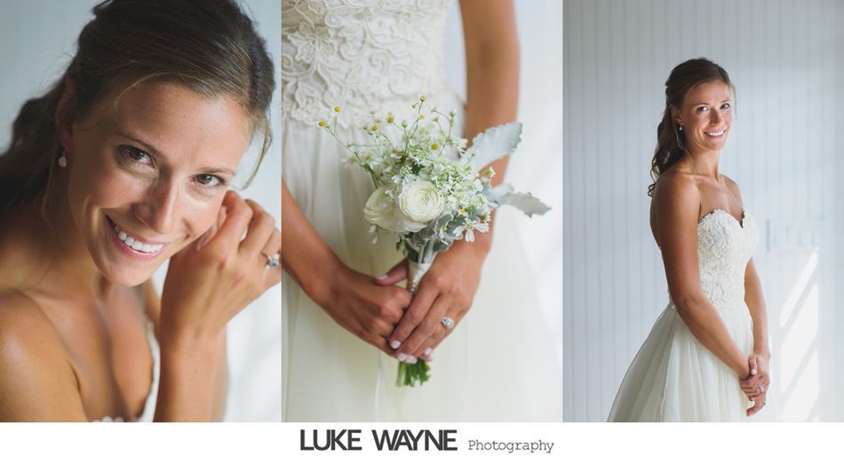Triptych of a bride. Smiling face, holding bouquet, strapless gown. Bright, natural lighting.