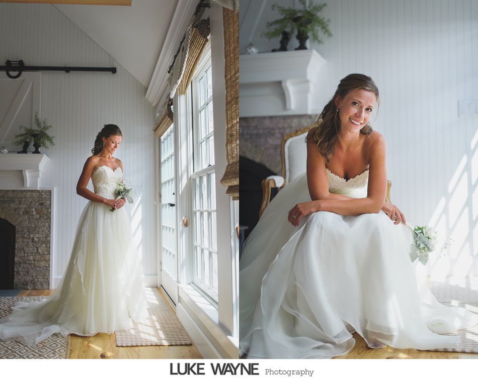 Bride in white dress holding flowers near a window, smiling. Second image shows her seated, smiling.
