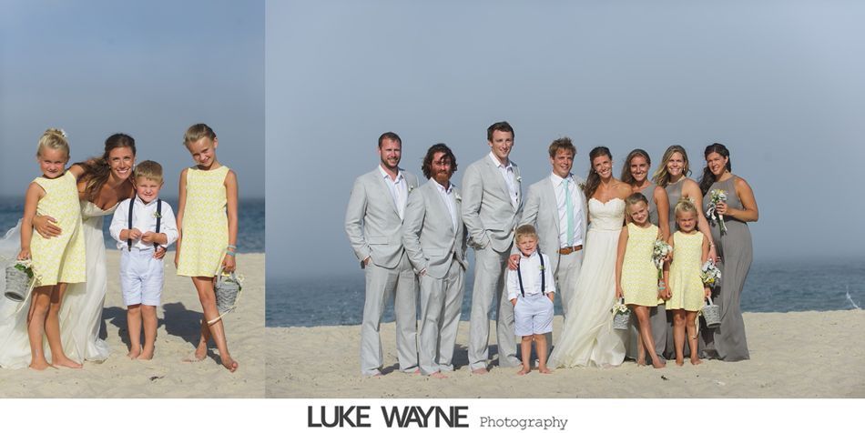 Wedding party on a beach. Bride, groom, bridesmaids, and groomsmen in light colors. Sky and ocean in background.