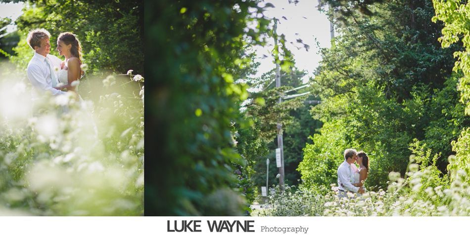 A couple embraces in a sunlit, green, and lush outdoor setting.