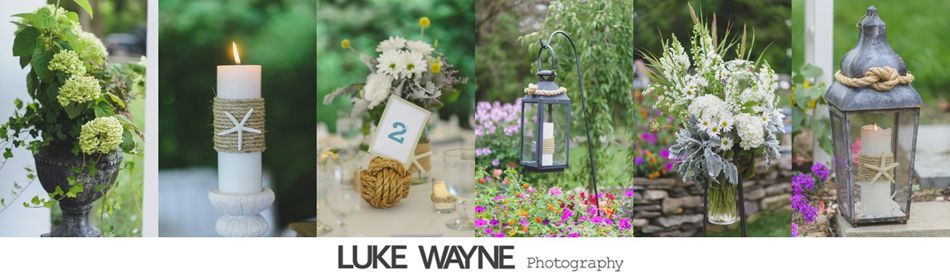 Series of coastal-themed wedding decorations: floral arrangement, candle with starfish, lantern, flowers, stone wall.
