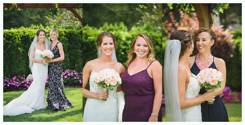 Bride with arms up, making a funny face, groom looking at his hand, cake cutting in background.