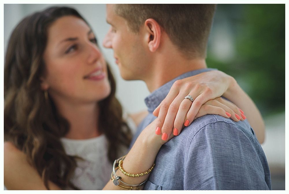 Two photos: smiling couple, man in blue suit, woman in white dress, embracing. Outdoors.