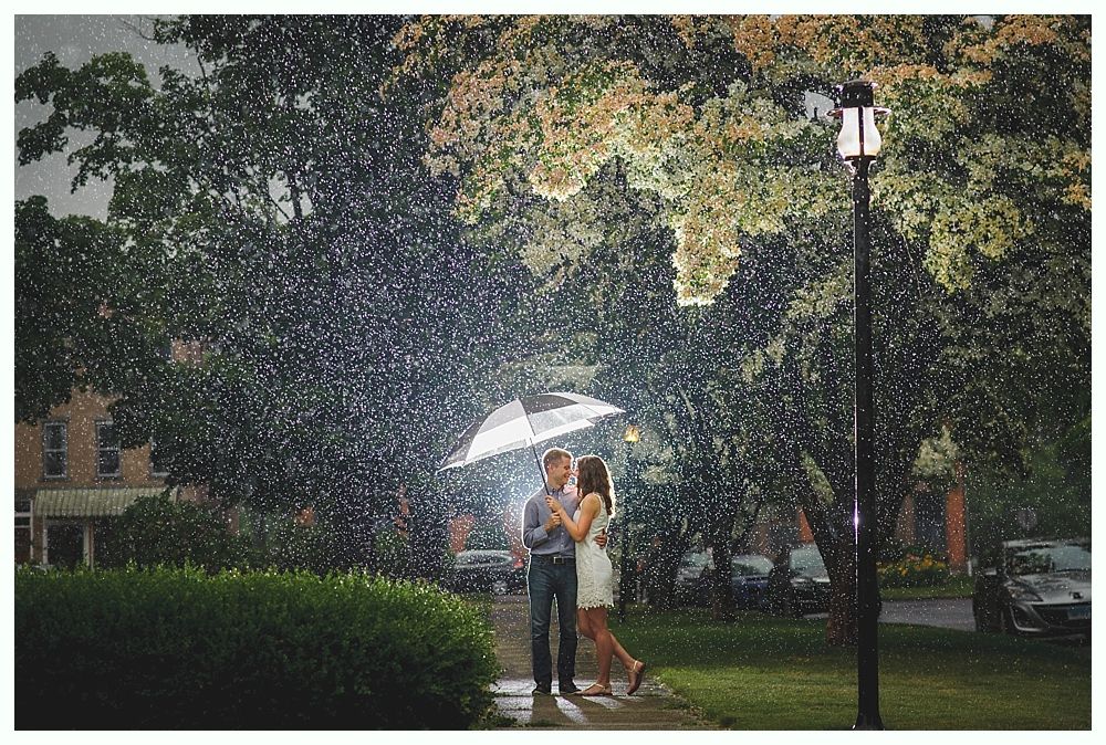 Couple embracing under an umbrella in the rain, illuminated by a lamppost, trees and a building in the background.