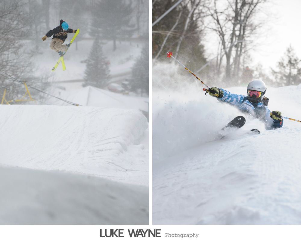 Bride in white dress laughs with bridesmaids in purple gowns.