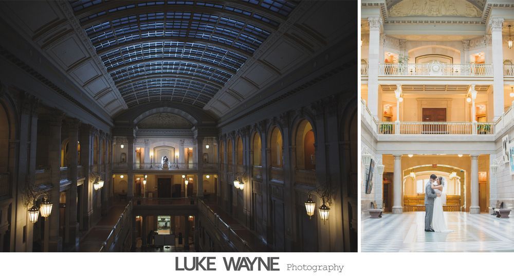 Wedding reception details: cake, flowers, wine, purple and white decor.