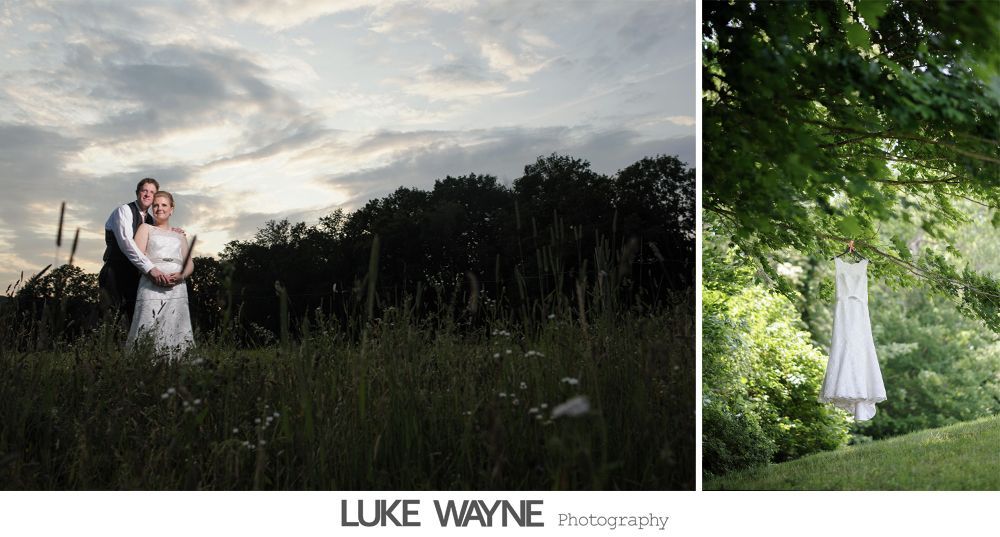 Wedding reception details: cake, flowers, wine, purple and white decor.
