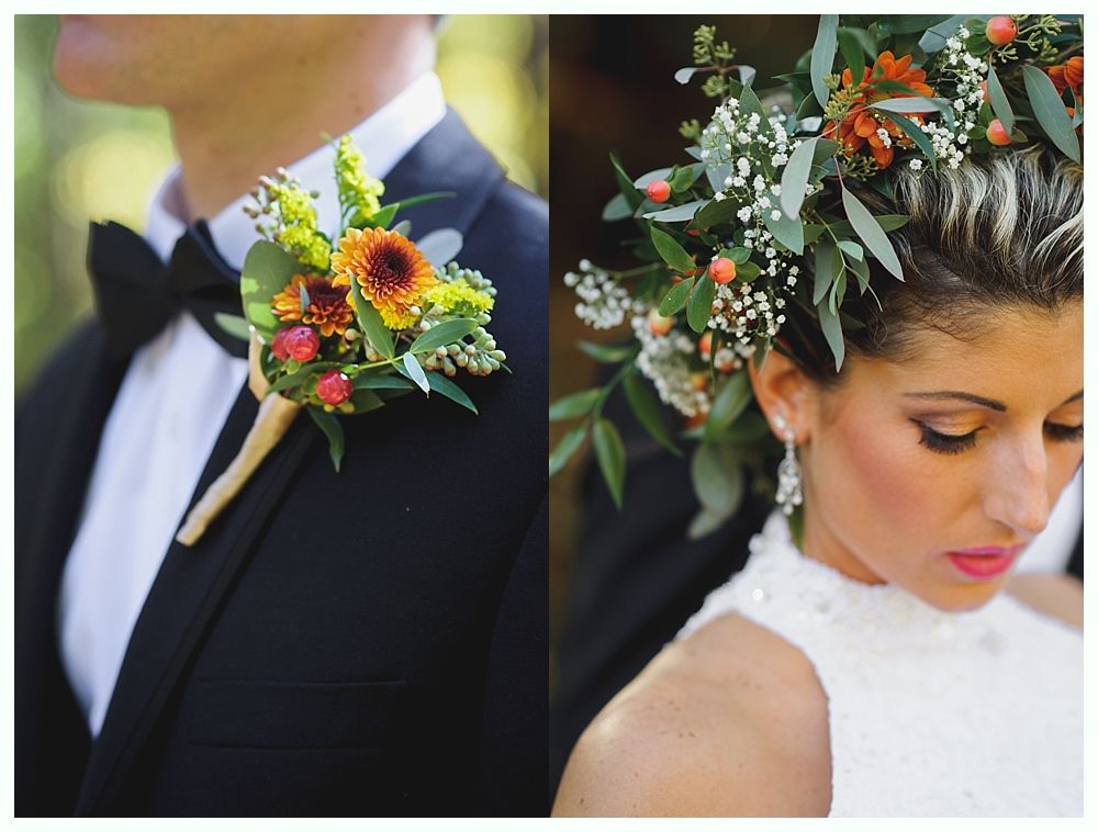 Groom's boutonniere and bride's flower crown with orange, yellow, and green foliage, wedding.