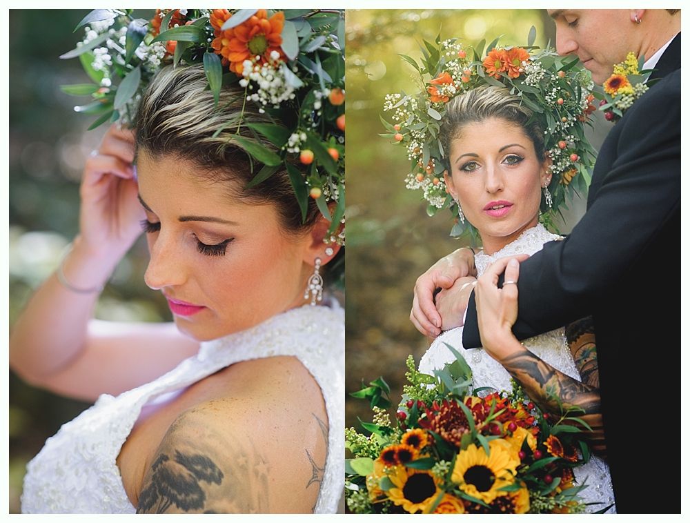 Bride in floral crown, white dress, holding bouquet with sunflowers, with groom.
