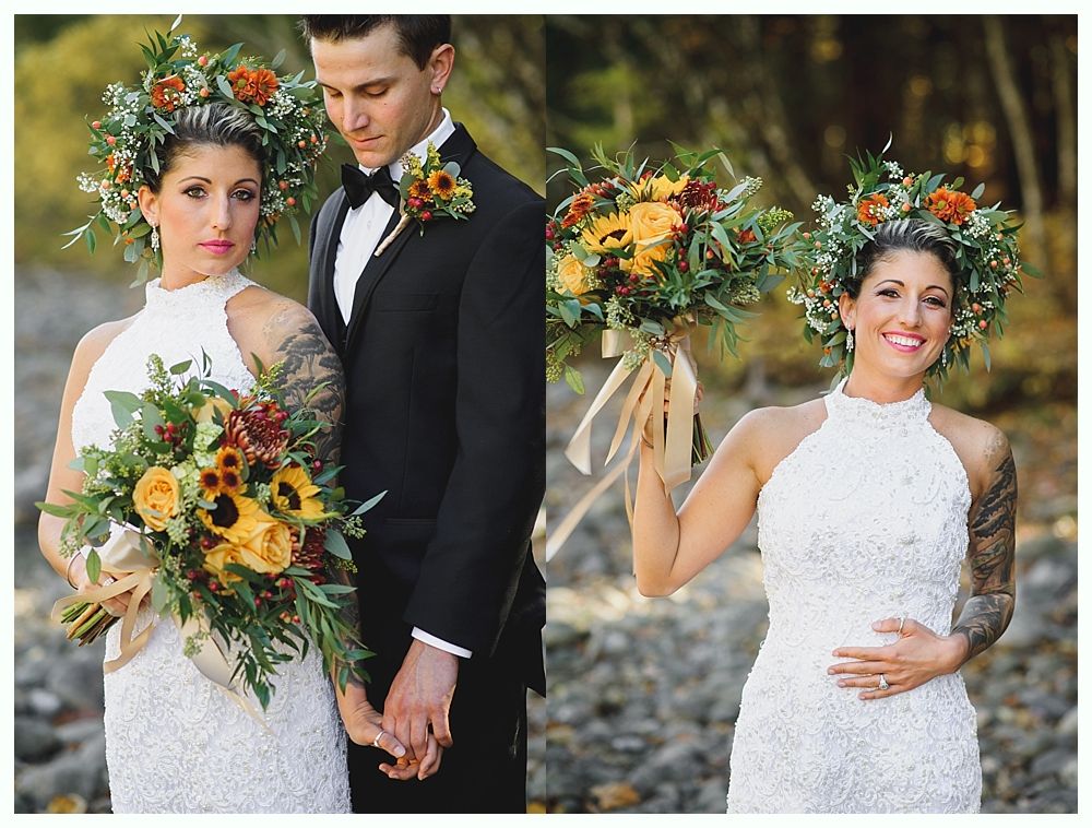 Bride and groom at outdoor wedding, bride holding bouquet, wearing flower crown and white dress.