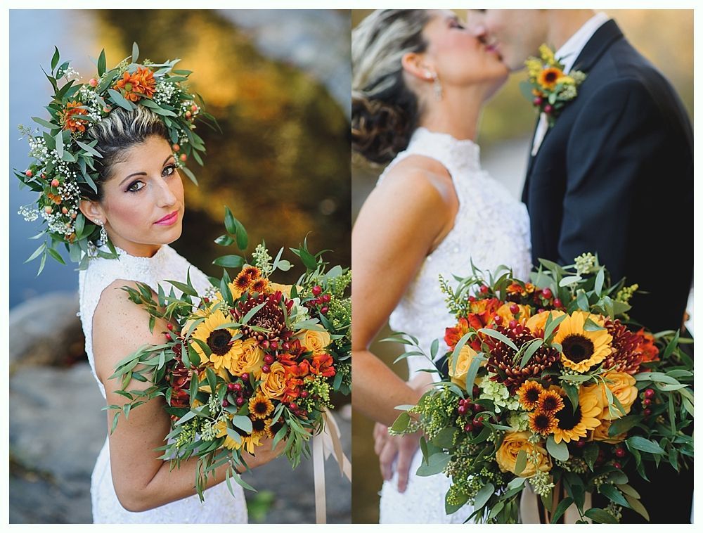 Bride in white dress with sunflower bouquet and flower crown; kissing groom.