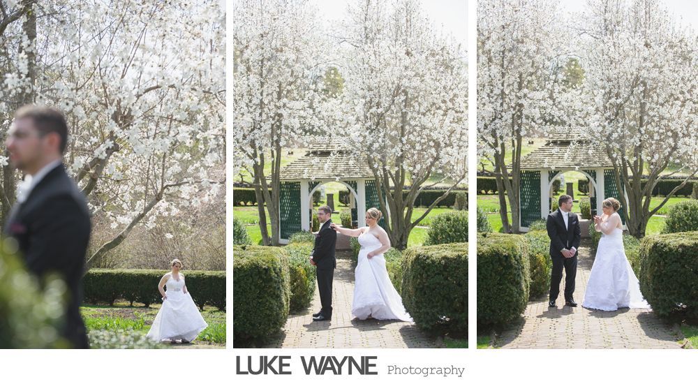 Groom facing bride in white dress, under blossoming tree; first look moment outdoors.