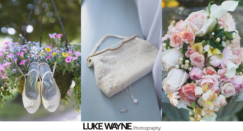 Wedding details: brown leather bracelet with earrings, book with bracelet, white heels.