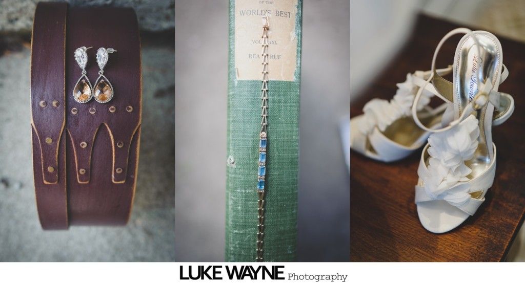 Wedding details: brown leather bracelet with earrings, book with bracelet, white heels.