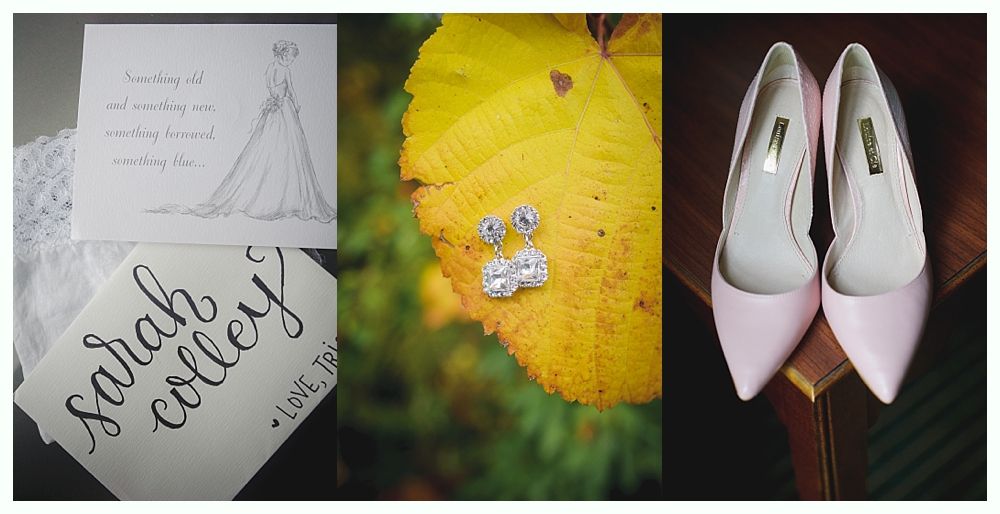Wedding details: sketch, earrings on leaf, pink heels.