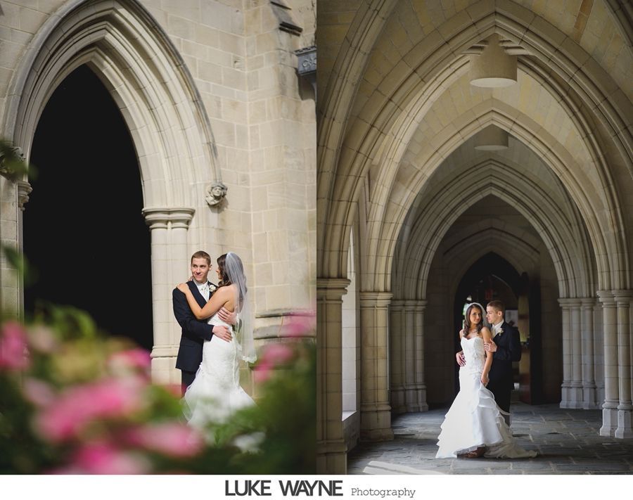 Two wedding photos in arched stone passageways; bride and groom embrace.
