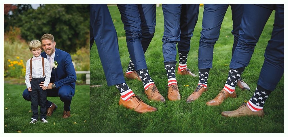 Man and child posing; men's star and stripe socks on grass.