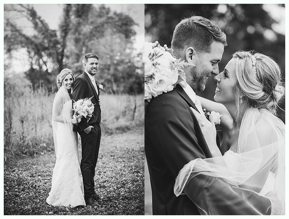 Wedding couple, two black and white photos. Bride and groom embrace and smile outdoors.
