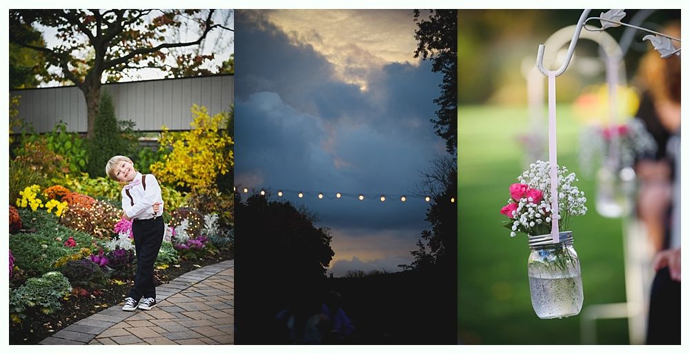 Boy in garden, cloudy sky with lights, mason jars with flowers hanging outside.