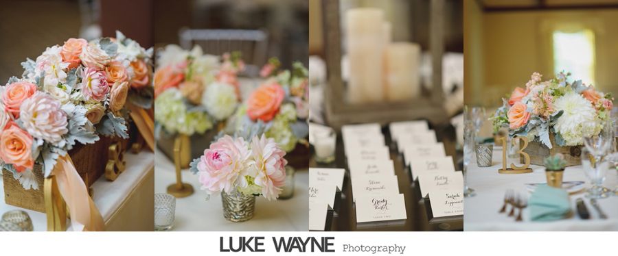 Wedding table decor with flowers, candles, and place cards.