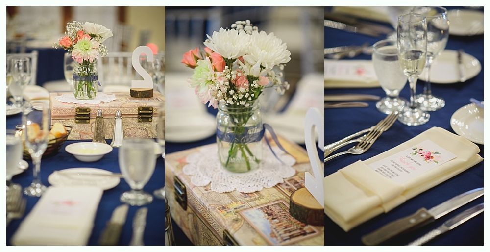 Three-panel image: Wedding table settings with navy tablecloths, flowers in jars, silverware, and place cards.