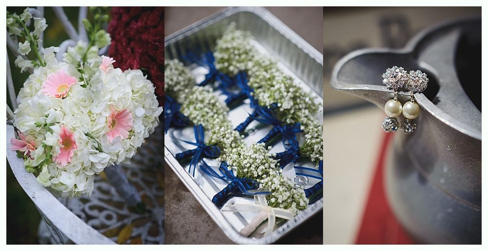 Floral arrangements, boutonnieres, and earrings displayed; wedding details.