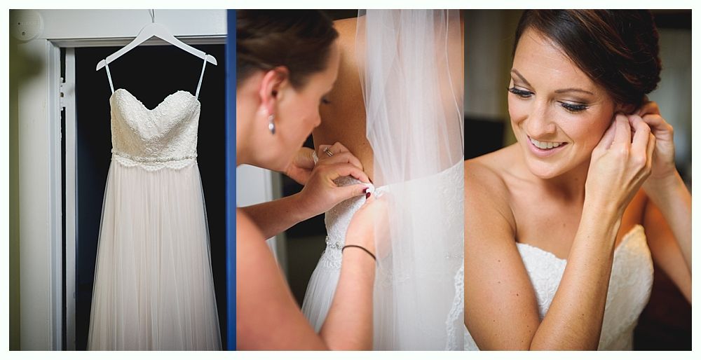 Wedding dress hanging in closet; woman being helped into gown; bride putting on earrings.