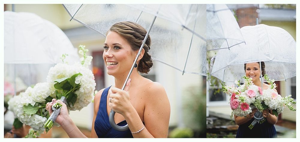 Women with bouquets and clear umbrellas in the rain.