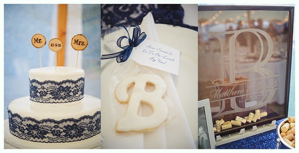 Wedding decor: cake with lace, favor with letter 